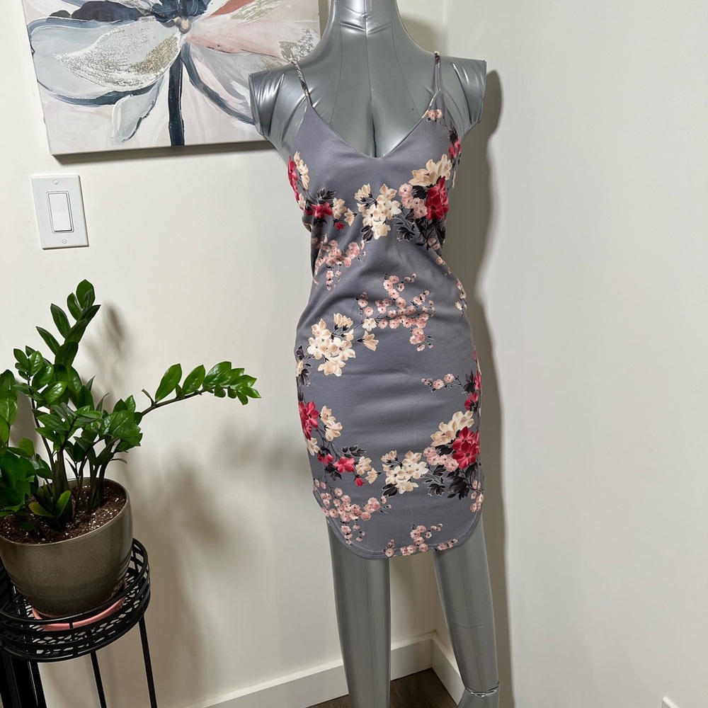 Floral Slip Dress in Gray and Pink